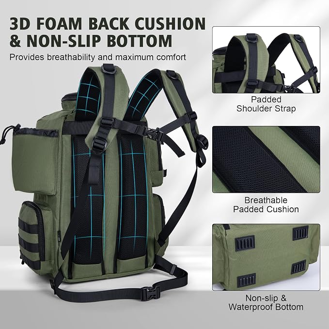 Goture Fishing Backpack,900D Water-Resistant Tackle Backpack with Rod Holders, SBS Zippers,45L Large Fishing Bag Storage Gear Tackle Bag with Rain Cover, Bottle Holder for Travel Camping Hiking