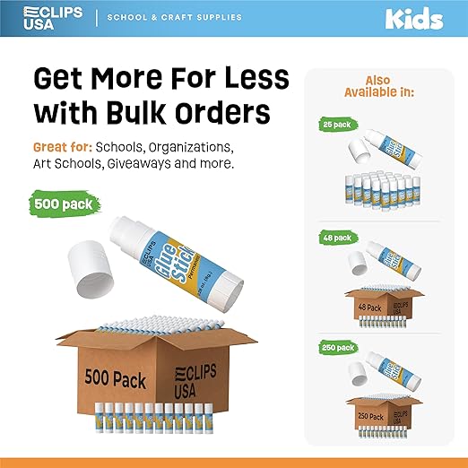 Glue Sticks Bulk (500 Pack), Washable Glue Sticks for Kids, Craft Glue for School Supplies, .28 oz, 8 Grams (500 Pack)