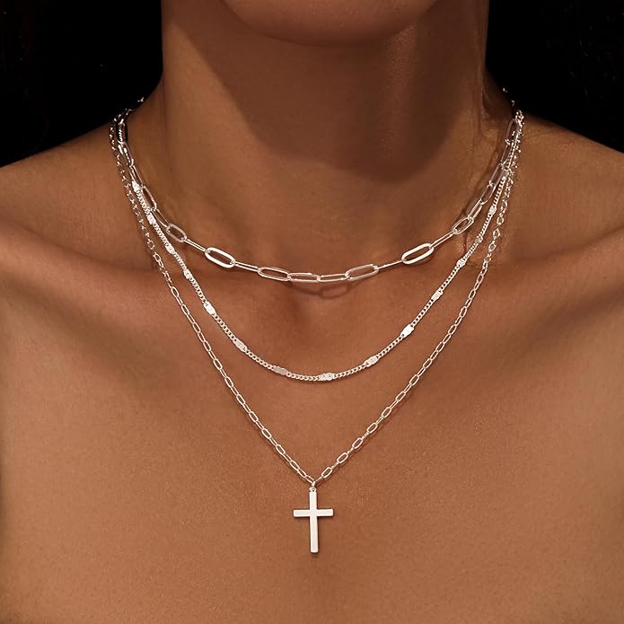 Layered Gold Necklaces for Women, Stackable Dainty 14K Gold Silver Plated Trendy Simple Heart Diamond Cross Bow Circle Pendant Paperclip Choker Dot Chain Necklace,Jewelry Set Gifts for Women