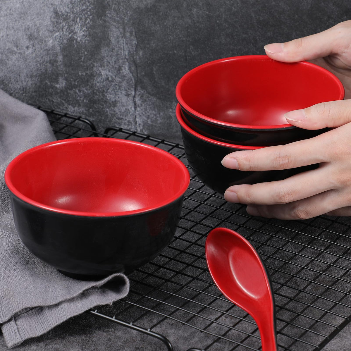 Nodaaiie 10 Pack Miso Soup Bowl Set with Spoons, 16 Oz Unbreakable Melamine Japanese Ramen Bowls, BPA-Free, Dishwasher Safe, for Udon, Pho, Salad, and Cereal