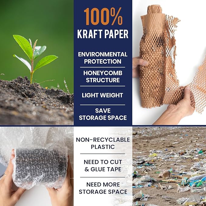 Honeycomb Packing Paper 15" x 400ft with Rope & 20 Fragile Stickers|Shipping & Moving Supplies|Small Business Packaging Supplies|Eco Friendly Bubble Wrap Packing Boxes for Moving Certified FSC C204227