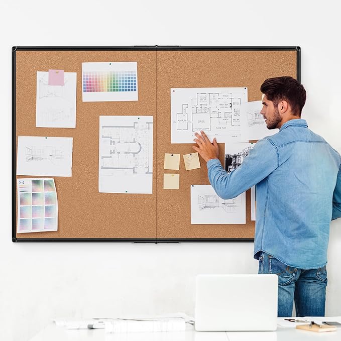 Board2by Cork Board Bulletin Board 36 x 48, Foldable Notice Pin Board for Wall, Black Aluminum Framed 4x3 Corkboard, Large Wall Mounted Office Board with 36 Push Pins for School & Home