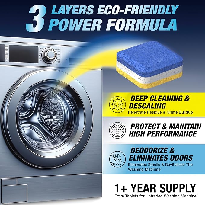 Washing Machine Cleaner Tablets 14 Pack for HE Front Load - Eco Friendly Washer Cleaning Tablets Formula - Pets Hair & Smell Solution - Septic Safe Descale Deodorize Protect - 1 Plus Year Supply