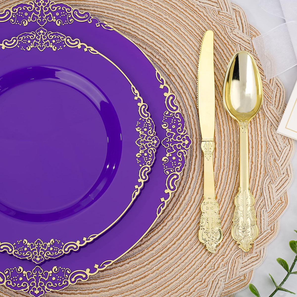 Realluck 350 PCS Purple and Gold Plastic Plates, Plastic Dinnerware Set for 50 Guests, 100 Disposable Plates, 150 Silverwares, 50 Cups, 50 Napkins for Party, Wedding, Graduation
