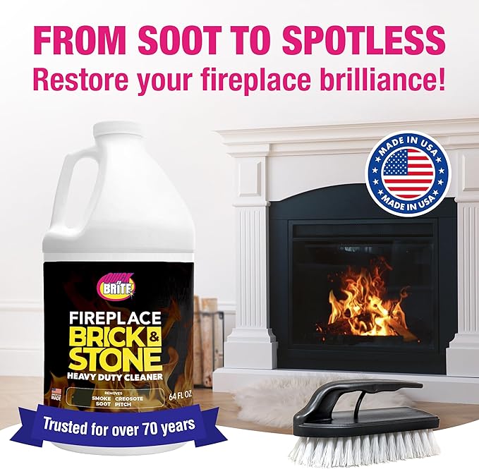 Quick N Brite Fireplace Gel Cleaner with Scrub Brush for Brick, Stone, Rock, Tile, and Marble, Nonabrasive Fireplace Cleaner, Made in the USA, 64oz