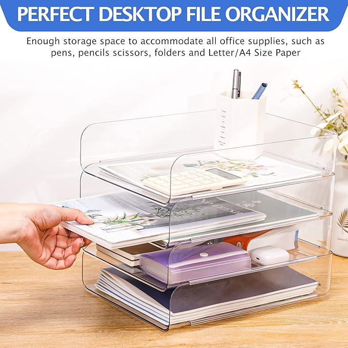 Set of 4 Office Organization and Storage, Clear PET Letter Tray Desk Organizer, Stackable Document and File Paper Organizer for Office Supplies