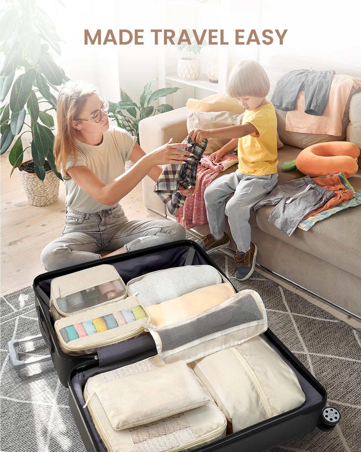 8 Set Packing Cubes, Travel Essentials for Carry on Luggage, Suitcase Organizer Bags Set for Travel Accessories in 4 Sizes(Extra Large, Large, Medium, Small)，Cream