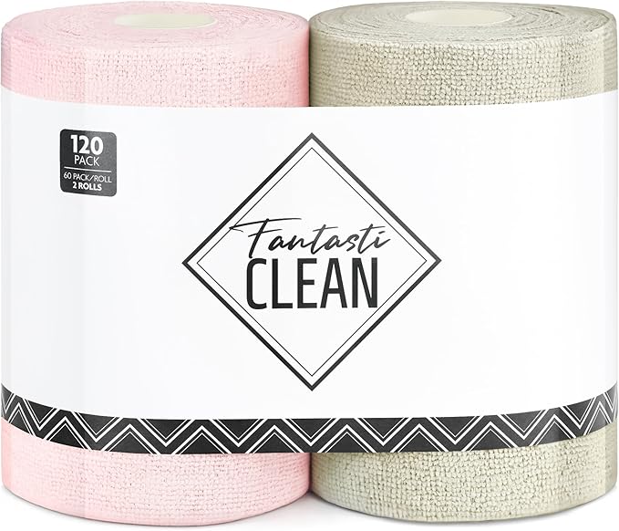 Fantasticlean Microfiber Cleaning Cloth Roll 2 Rolls 120 Pack, Tear Away Paperless Towels, 8" x 8", Reusable Washable Rags, Home Kitchen, Pet, Office, Indoor Outdoor, Portable (Pink and Off-White)