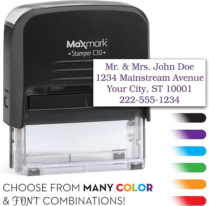 Custom Self Inking Rubber Stamp - Up to 4 Lines of Text - Choose from 15 Ink Colors - Medium Size