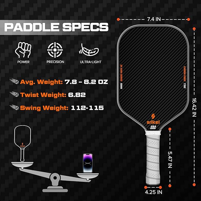 Pickleball Paddles, Raw T700 Carbon Fiber Pickleball Paddle, 16mm Power Polymer Core, Professional Rackets for Great Spin, Control & Precision Shots, USAPA Approved