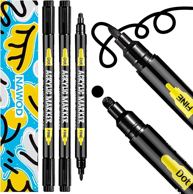 NAWOD 3 Black Acrylic Paint Pens, Acrylic Paint Markers Dual Tip (Fine 1mm + Dot 5mm), Acrylic Permanent Markers for Rock, Fabric, Canvas, Ceramic, Glass, Wood, Paper, Labeling, Drawing, DIY Crafts