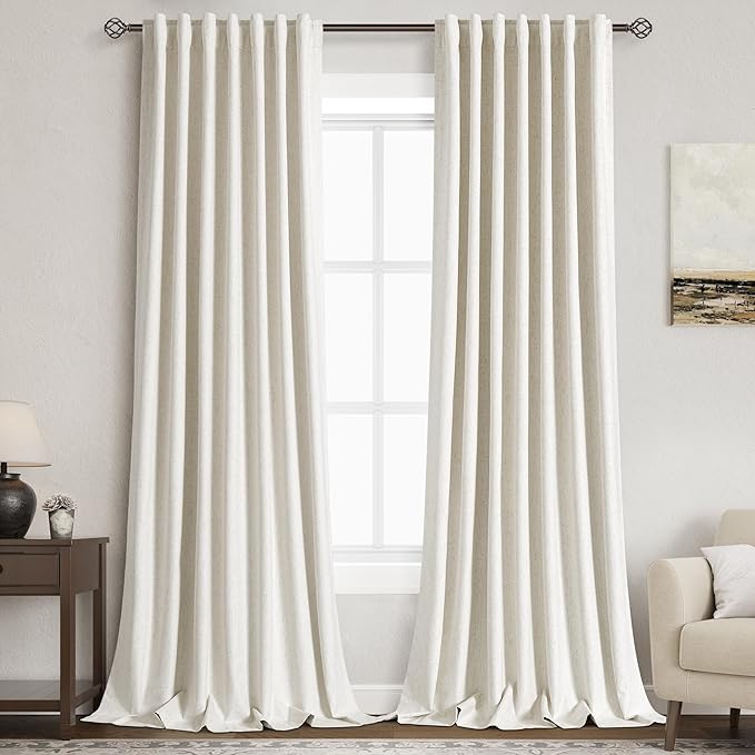 Nanspring Beige White Linen Blackout Curtains 96 Inches Long Back Tab Rod Pocket Sound Absorbing Light Blocking 2 Panels Set for Dining Room Neutral Rustic Modern Farmhouse Curtains Drapes 52x96