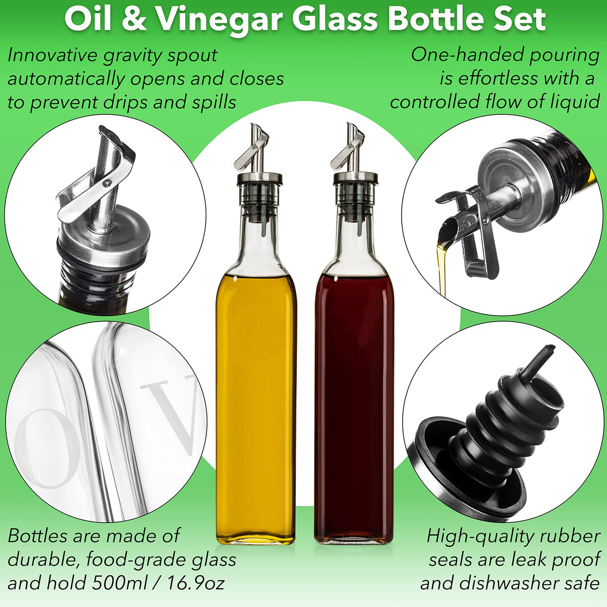 GREENOLIVE Olive Oil and Vinegar Dispenser Set - 17 oz. Glass Bottles with No-Drip BPA-Free Spouts - Stylish O and V Identifiers for Kitchen and Dining Use - Set of 2