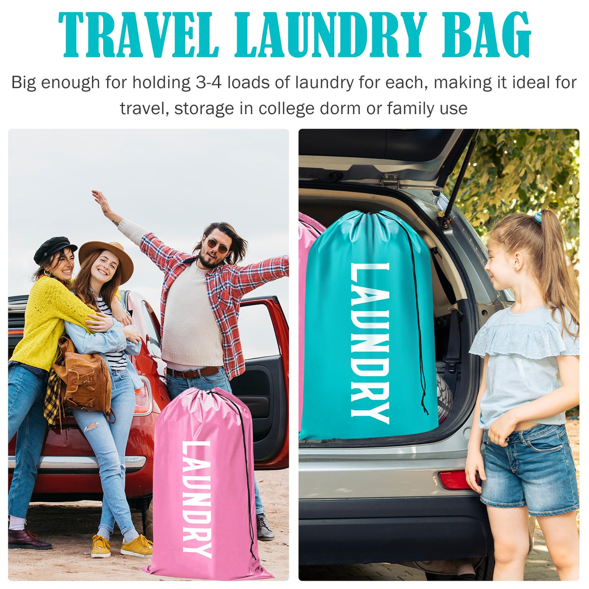 Fiodrimy 2 Pack XL Travel Laundry Bag, Machine Washable Dirty Clothes Organizer, Large Enough to Hold 4 Loads of Laundry, Easy Fit a Laundry Basket (Pink+Blue, 24" x 36")