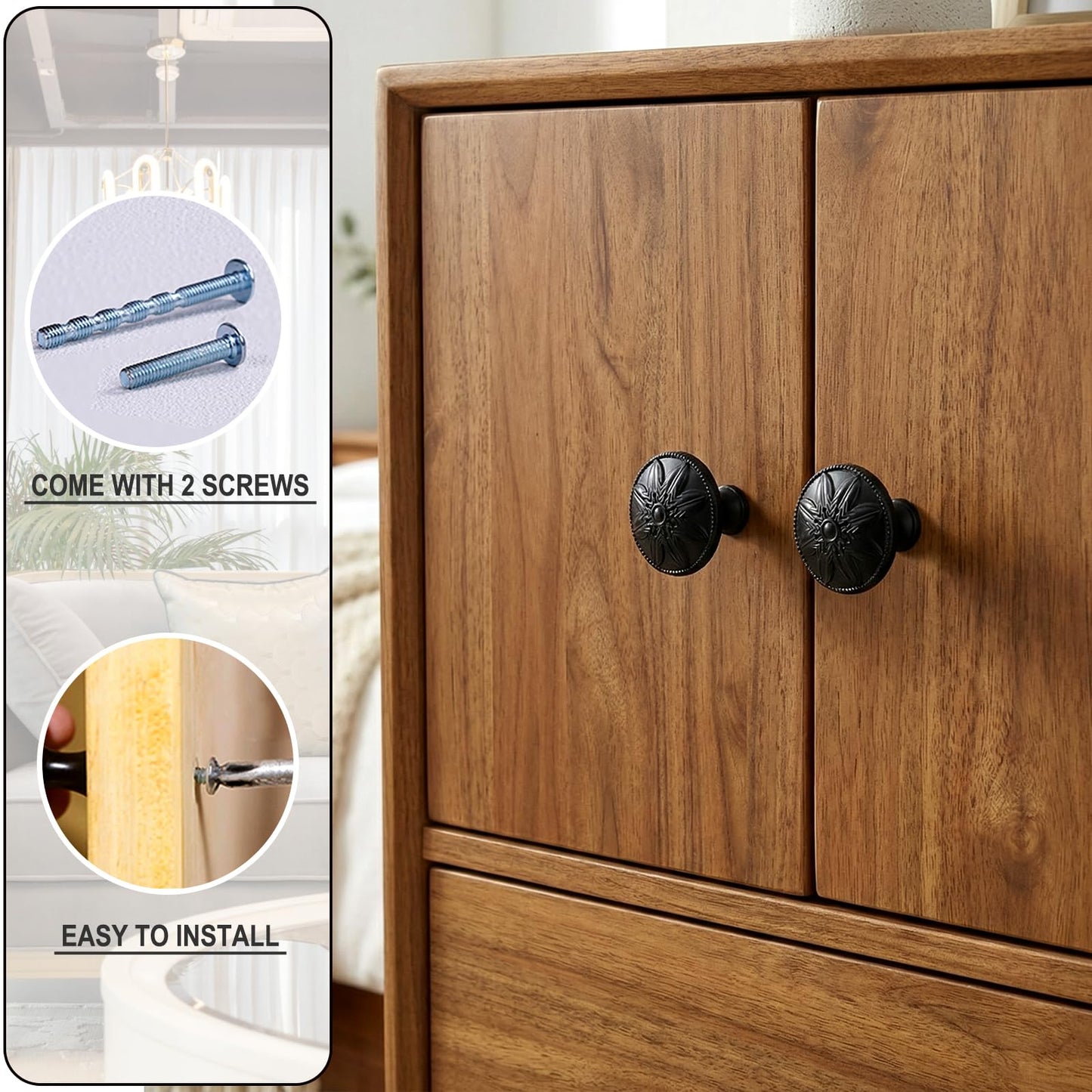 4 Pack - Black Cabinet Knobs Round, 1-2/5” Knobs for Cabinets and Drawers Black Matte Drawer Pulls Bathroom Cabinet Handles