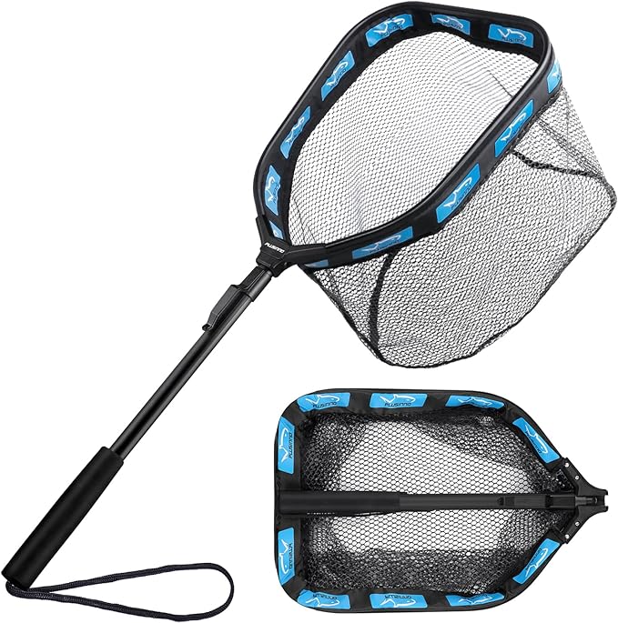 PLUSINNO Floating Fishing Net for Steelhead, Salmon, Fly, Kayak, Catfish, Bass, Trout Fishing, Rubber Coated Foldable Landing Net with Fixed or Telescoping Pole Handle, Fishing Gear and Gifts for Men
