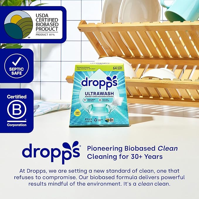 Dropps UltraWash Dishwasher Pods, Unscented (64 Count) - Biobased Power Deep Clean Dishwasher Detergent Tablets for Sparkling Shiny Dishes - No Rinse Aid or Pre-Wash Needed - Dishwashing Pods