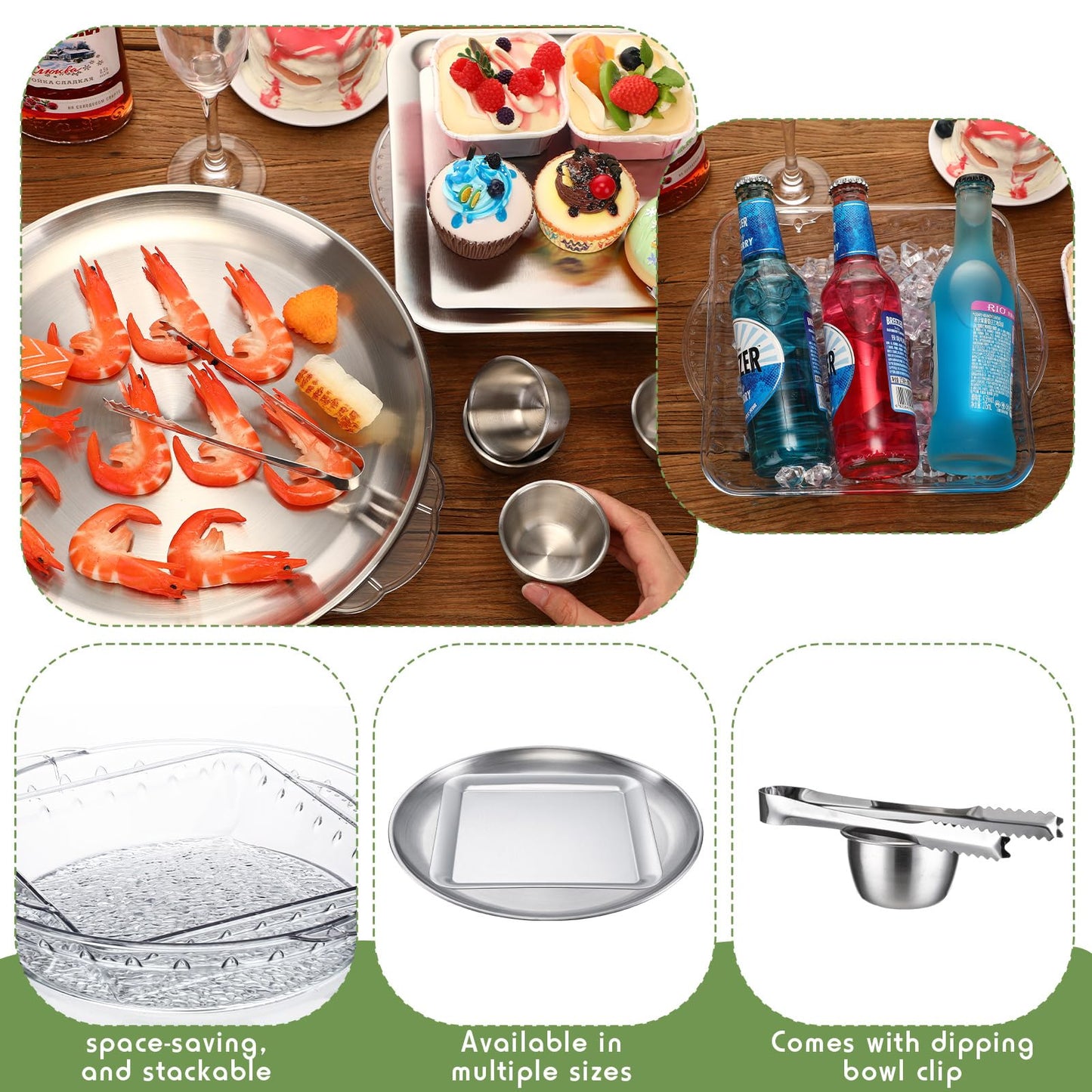 Baderke 4 Set 11.8" Chilled Serving Tray for Parties with Compartments 9" Ice Chilled Party Platter Charcuterie Serving Board 1.7 oz Dipping Bowls with Tongs for Fruit Seafood Vegetable (Natural)