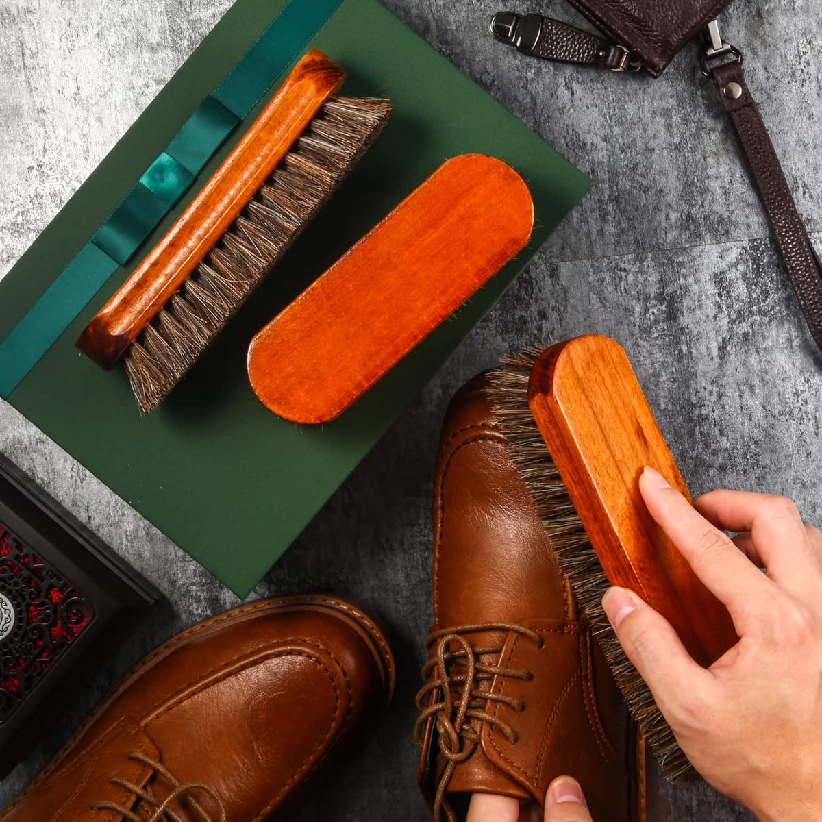 4 Pcs Horsehair Shine Shoes Brush Kit Polish Dauber Applicators Cleaning Leather Shoes Boots Care Brushes Suede Cleaner Brush with Microfiber Shoe Gloves(3 Pcs Shine Brush)
