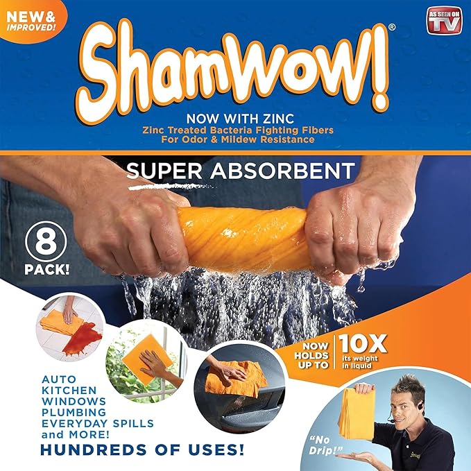Original Shamwow - Super Absorbent Multi-Purpose Cleaning Shammy Chamois Towel Cloth - Holds 10X its Weight in Liquid - Machine Washable - Will Not Scratch (8 Pack, Orange)