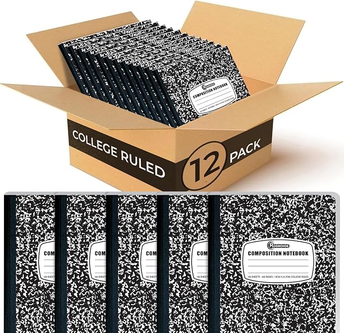 12 Pack Composition Notebook College Ruled Bulk, 200 Pages (100 Sheets), 9-3/4 x 7-1/2, Hard Cover College Ruled Notebook Bulk, Black Marble Composition Notebook College Ruled, Bulk Notebooks