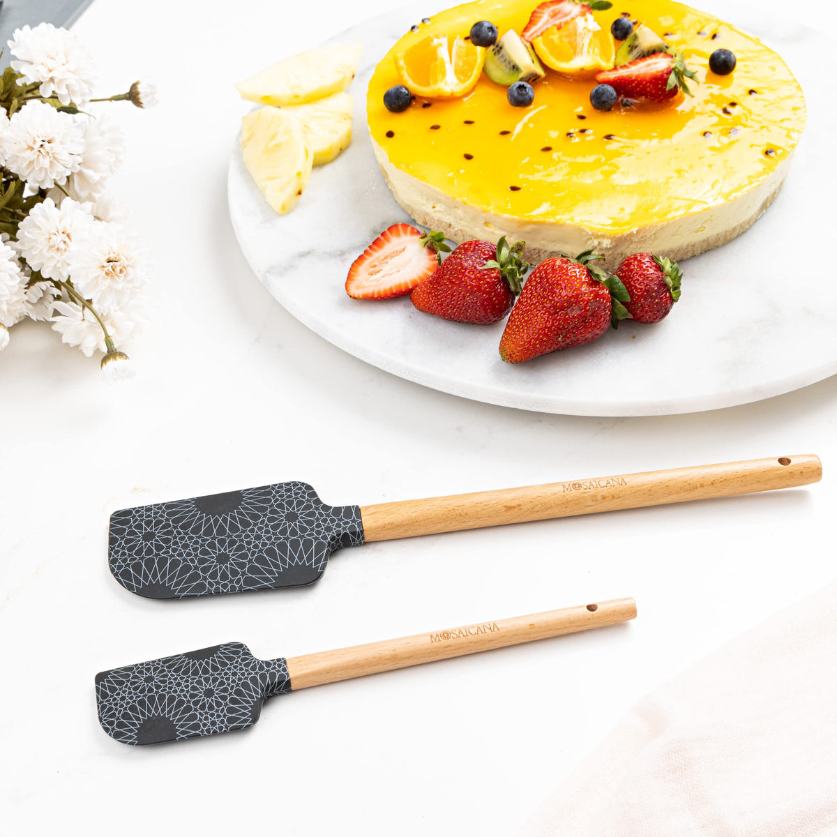 Silicone Spatula set of 2 with wooden handle and stunning pattern (Red)