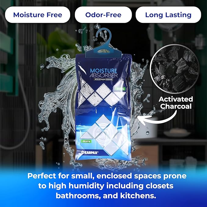 Hanging Moisture Absorber Activated Charcoal 10.6 oz/300g | Moisture Absorbing Bags for Bathroom, Closet & Kitchen | Removes Moisture, Humidity & Odors | Portable Dehumidifier | Set Of 10