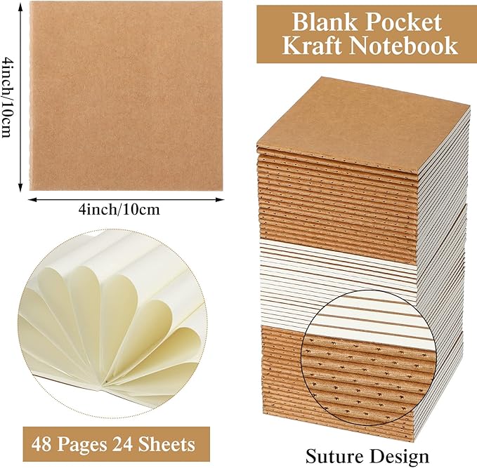100 Pieces Mini Blank Notebook Bulk Set Small Kraft Paper Unlined Journals Pocket Journal for Kids Drawing Sketchbook Office Supplies 4 x 4 inch Small Sketchbooks with 24 Sheets (Blank Style)