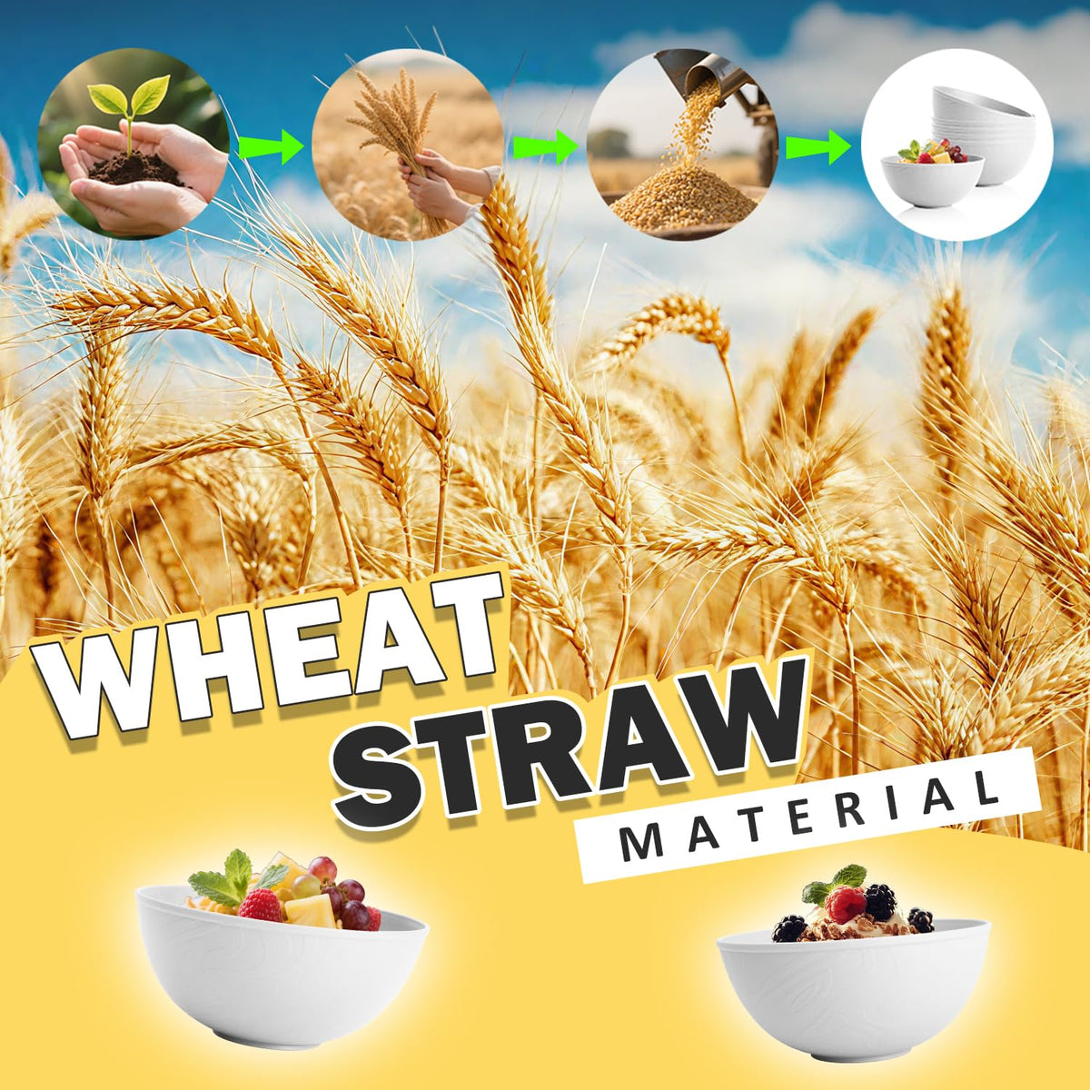 Perlapoc Wheat Straw Cereal Bowls 40 OZ, Unbreakable Bowls Set of 6, Microwave & Dishwasher Safe Bowl for Kitchen, Reusable Plastic Bowl for Cereal, Soup, Salad and Ramen, White