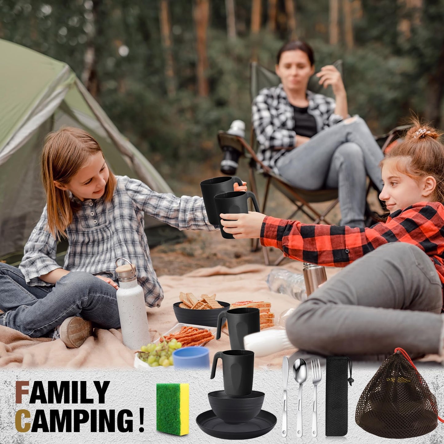 Scout Camping Mess Kit for Person Boy Scout Dishes Set Girl Scout Mess Kit with Mesh Bag Reusable Light Weight Eating Utensils Plastic Camping Cutlery Set for Travel Camp (2, 2 Person Black)