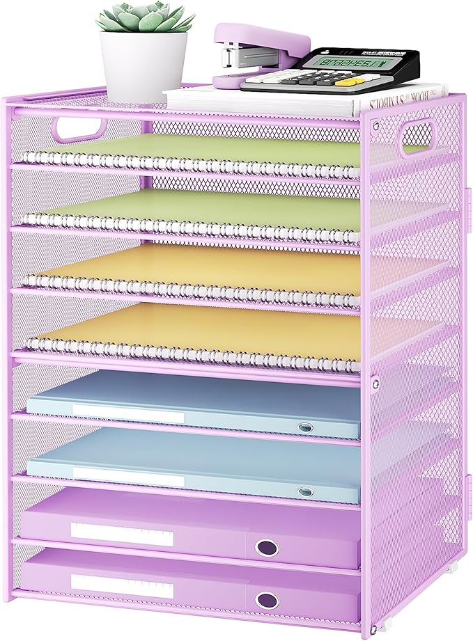 SUBEKYU 9 Tier Paper Letter Tray Desk Organizer with Handles - Purple Metal Mesh File Holder Paper Sorter Desk Organizer for Office Home School, Include 6 Pcs Adjustable Slid Tray, 6 Colors Available
