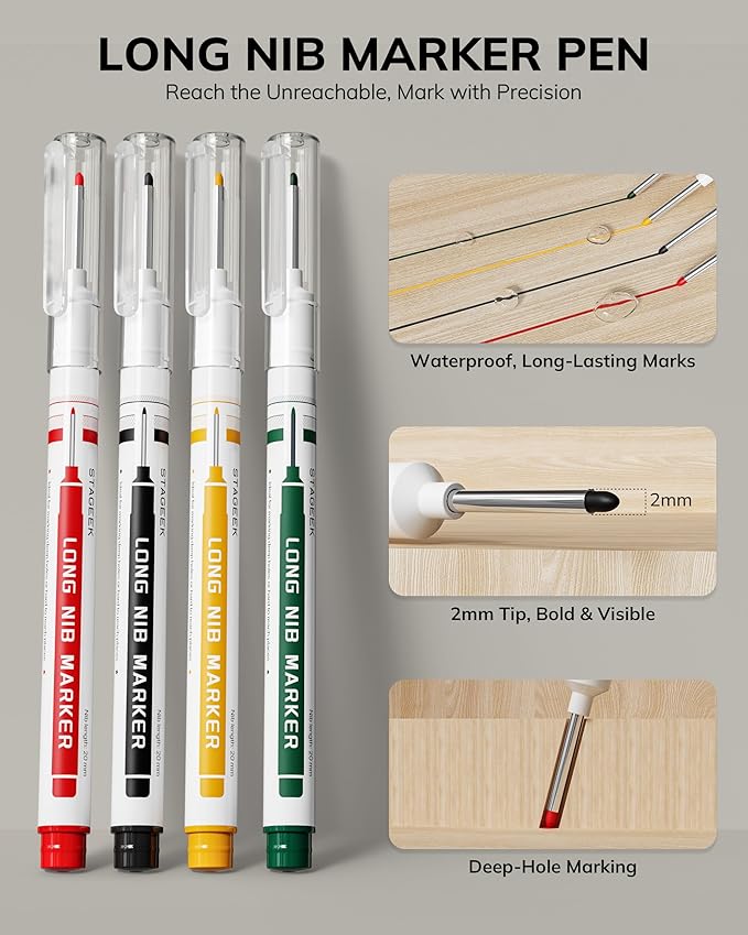 4PCS Carpenter Pencils with Sharpener, Heavy Duty Woodworking Pencils, Mechanical Carpenter Pencil with 52 Refills, Deep Hole Long Nib Marker Pens for Architect Construction Marking with Case