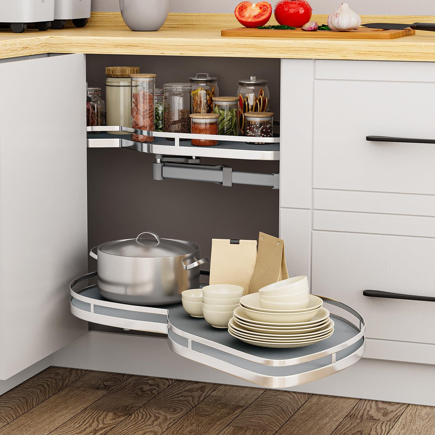 YITAHOME Blind Corner Cabinet Pull Out Organizer, Right Swing Soft-Close Swing-Out Cabinet Organizer with Adjustable Height, 2-Tier 32" Corner Cabinet Lazy Susan for Corner Cabinet Blind Shelf, Gray