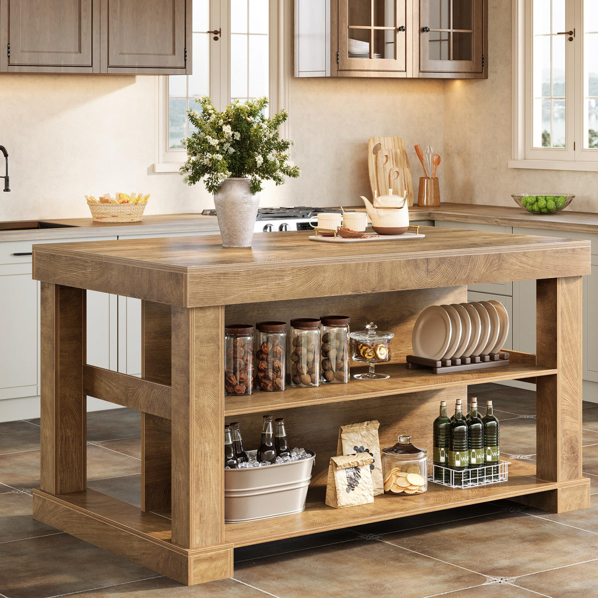 Tribesigns 55" Kitchen Island with Seating and Storage, 3-Tier Farmhouse Wood Stationary Island Table with Large Worktop & Leg Room, Coffee Bar Table with Storage Shelves for Kitchen, Natural Brown