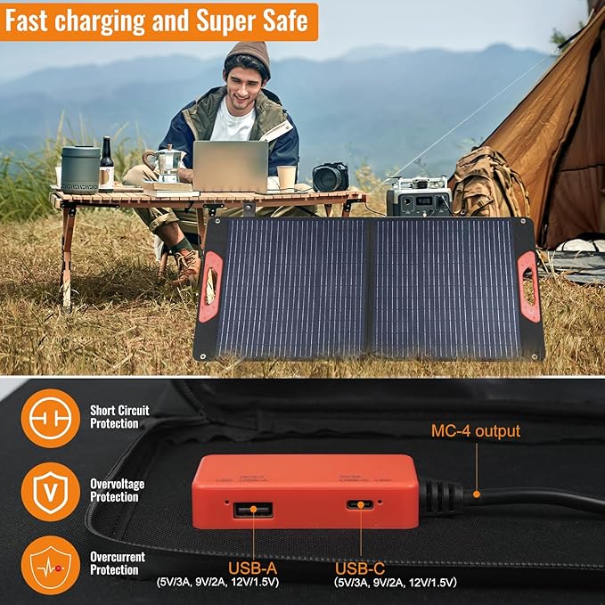 100W Foldable Solar Panel - Charger for Power Stations | Monocrystalline 23.5% High Efficiency QC3.0 USB-A/USB-C Output | IP65 Waterproof | Portable for Camping, RV, Emergency Blackout