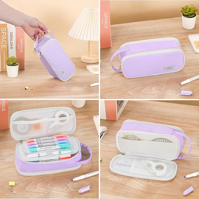 Pencil Case Large Zipper Pencil Pouch for Girls Kids Teens Adults Aesthetic Pencil Bag Stationery Organizer Pen Pencil Case with Handle for School Purple