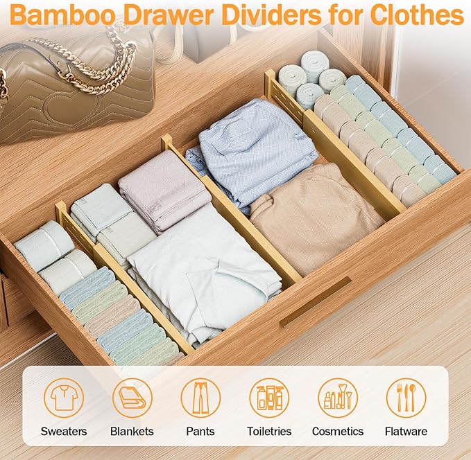 Bamboo Drawer Dividers 4" High, 12.8-18" Adjustable Drawer Organizers for Clothes,Expandable Dresser Separators in Bedroom/Kitchen/Bathroom/Office Organization and Storage,2 Pack