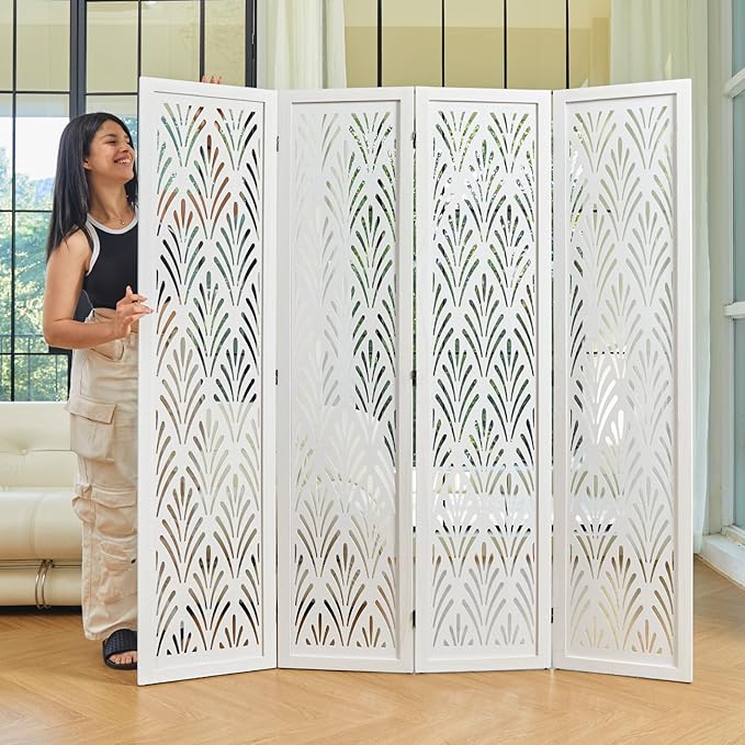 5.6Ft Room Divider Folding Wood Simple Carved Partition Screen for Home Office Garden - 4 Panels (White)
