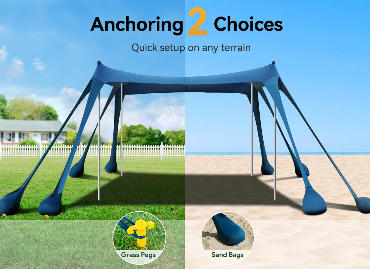 Vibemo Beach Tent, Beach Canopy Sun Shade with UPF50+ UV Protection, 10x10ft, Includes 8 Sandbags, Sand Shovel, Ground Pegs & 4 Stability Poles, Pop Up Sun Shelter for Camping, Picnics, Backyard Fun