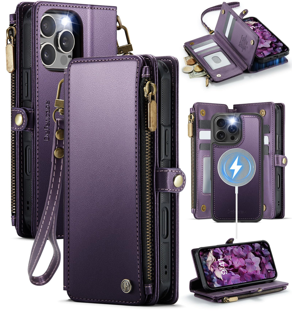 Defencase for iPhone 16 Pro Max Magnetic Wallet Case Compatible with Magsafe with RFID Blocking Zipper Strap Card Holder for Women Men PU Leather Detachable Case for iPhone 16 Pro Max (6.9"), Purple