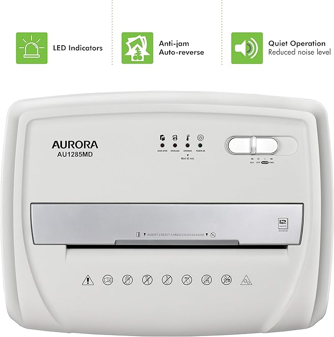 Aurora AU1285MD Compact Desktop-Style High Security 12-Sheet Micro-Cut Paper and CD/Credit Card/Junk Mail Pullout Basket Shredder, White/Black