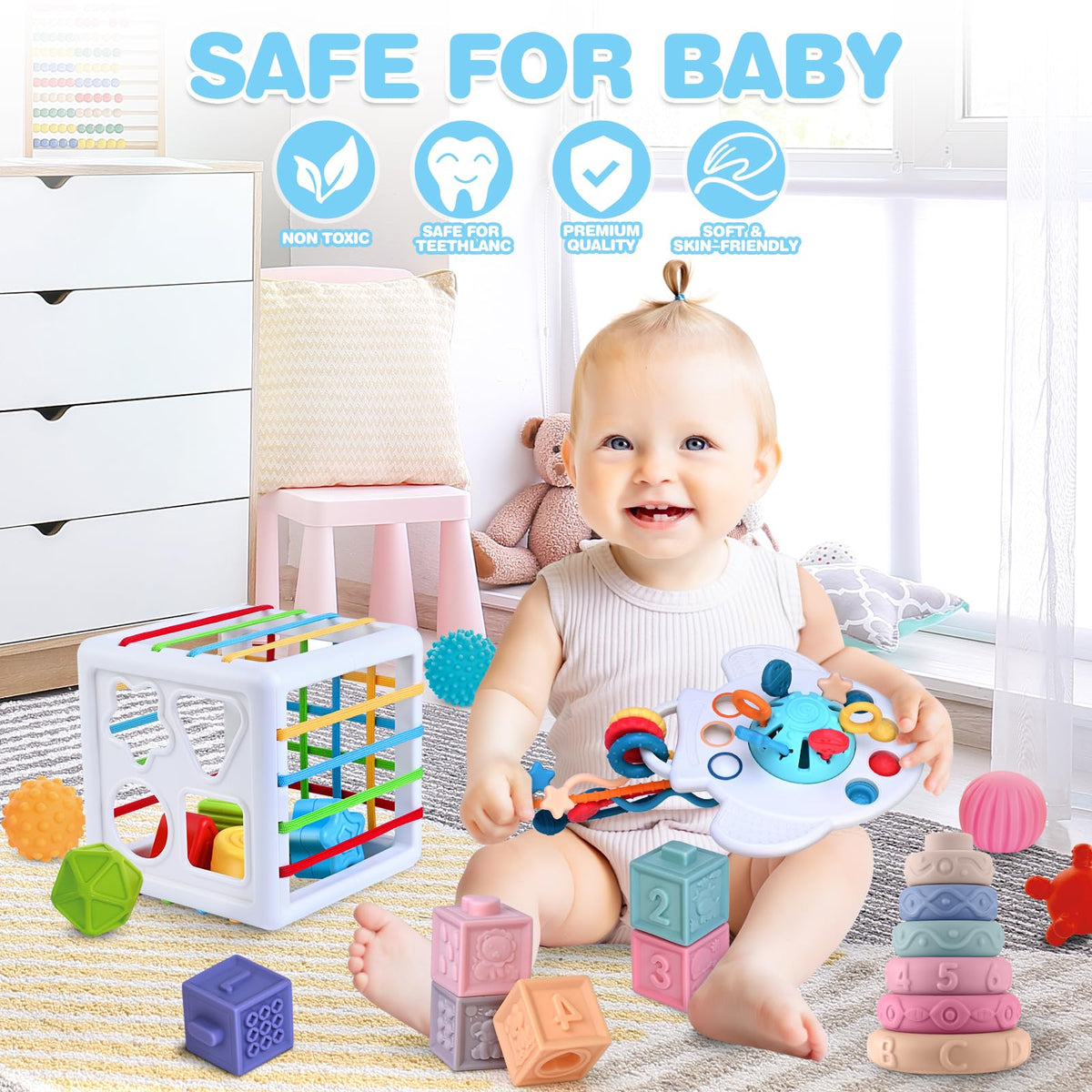 Springflower 5 in 1 Montessori Toys for Babies 0-3-6-12 Months, Soft Baby Teething Toys, Sensory Bin Toy, Stacking Building Blocks & Rings Infants,Developmental Toddler,Gift 12-18 Months