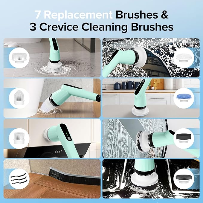Electric Spin Scrubber, Dreazu IPX7 Bathroom Scrubber with 7 Replaceable Brush Heads & Retractable Handle, 2-Speed Adjustable Spin Scrubber for Bathroom, Bathtub, Kitchen, Tile Floors（Green）