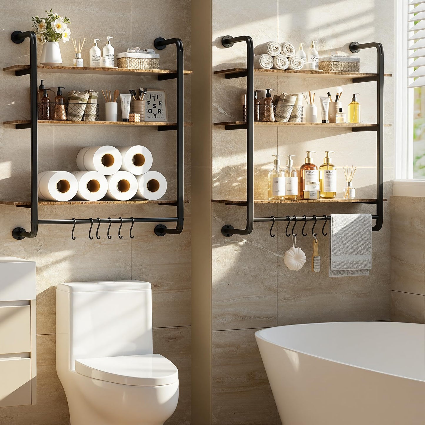 Kssiaz 3 Tier Industrial Pipe Floating Shelf, 24" Kitchen Wall Shelves with Towel Bar & 6 Hooks, Coffee Bar Shelves Display Bookshelf Wall Shelf for Kitchen, Bathroom, Home Décor, Rustic Brown