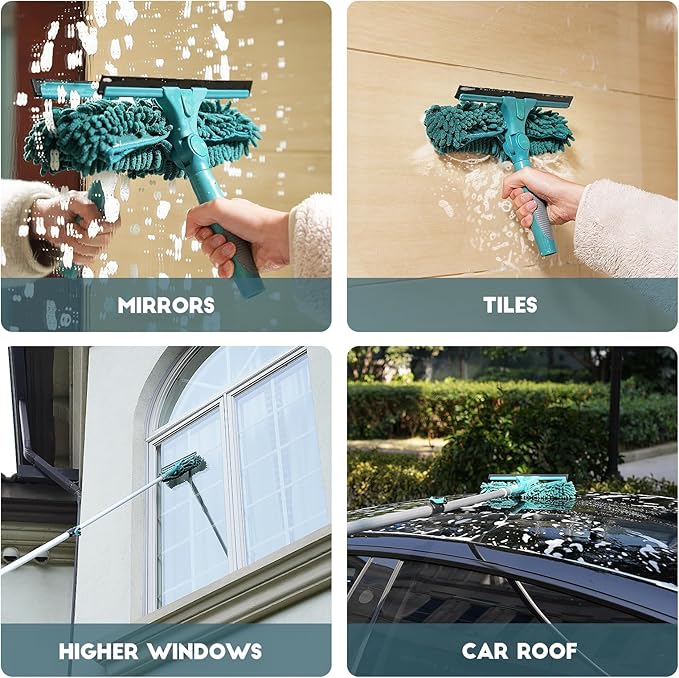 36 Feet High Reach Window Squeegee with 7-30 Ft Extension Pole, Window Cleaner Tool with 5-Stage Telescoping Pole, Window Cleaning Kit with Rotatable Head (2 Squeegee & 2 Microfibre Cloths)