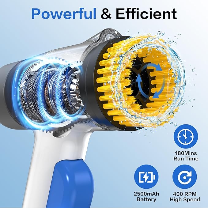 Electric Spin Scrubber 2 in 1 Scrubber Brush & Cleaning Spray with No-Rinse Formula Cleaner IPX7 Full Body Waterproof Bathroom Cleaning Brush With 6 Brush Heads for Kitchen,Bathroom, Grill，Tile