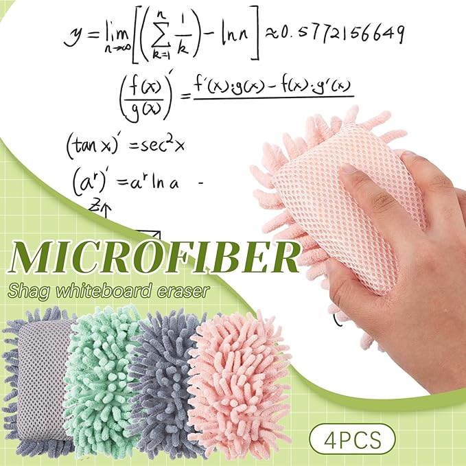 Zonon 4 Pieces Dry Erase Eraser Microfiber Shag Washable Whiteboard Eraser for Markers, Chalk, Classroom, Home and Office(Pink, Green, Gray)