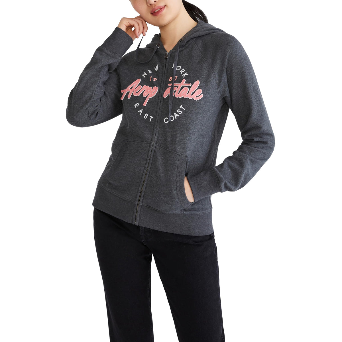 AEROPOSTALE Women's Aero Logo Full Zip Hoodie-Circle/Scripts, Light Heather Grey, Large