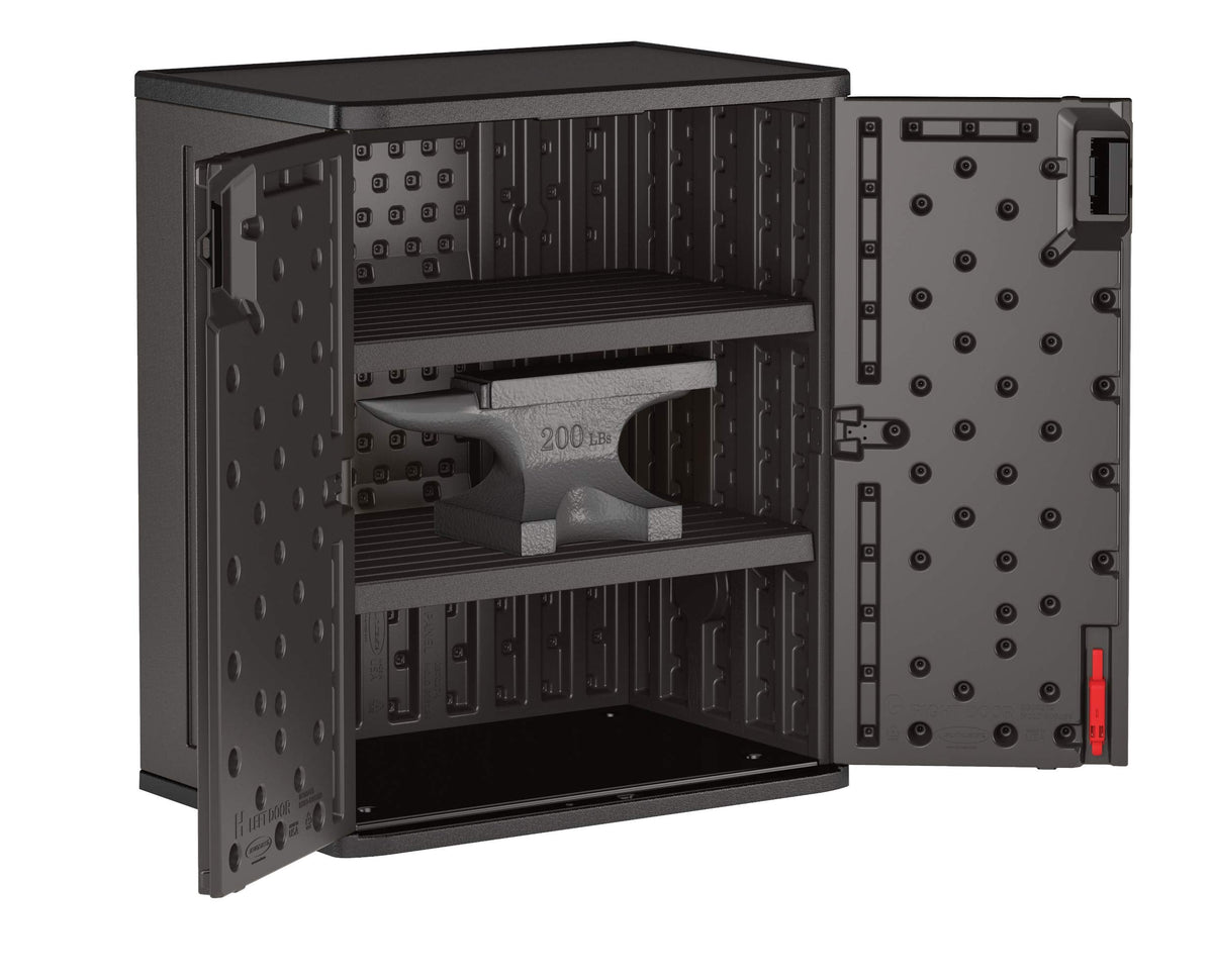 Suncast Commercial Heavy-Duty 9 Cubic Ft. Resin Storage Cabinet with Lockable Handles, Adjustable Metal-Reinforced Shelves for Garage or Workspace, Black, Made in The USA