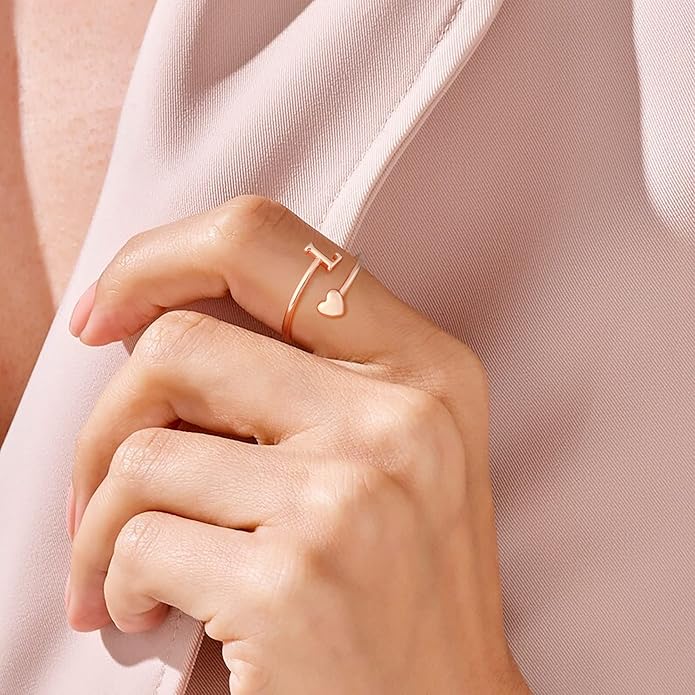 Initial Rings for Women Girls - Valentines Day Gifts for Her, Adjustable Rings for Women Non Tarnish Letter A-Z Dainty Heart Ring Teen Girls Gifts Trendy Stuff Personalized Jewelry Gift